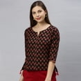 thumbnail image 1 of Janasya Indian Round Neck 3/4 Sleeve Floral Print Black Cotton Top For Women, 1 of 6