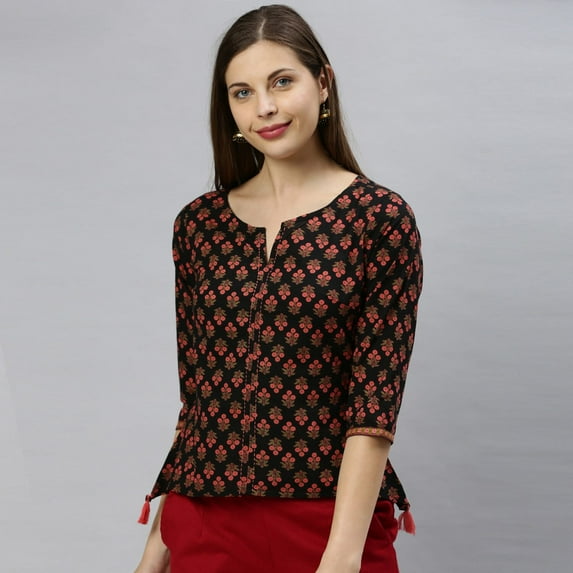 Janasya Indian Round Neck 3/4 Sleeve Floral Print Black Cotton Top For Women
