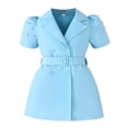 thumbnail image 2 of Huowey Girls Spring Summer Casual Short Puff Sleeve Solid Color V-Neck Turndown Collar Double- Dress With Belt 2 Piece Set For Toddler Kids Beach School Party Outfit,Blue,5-6 Years, 2 of 7