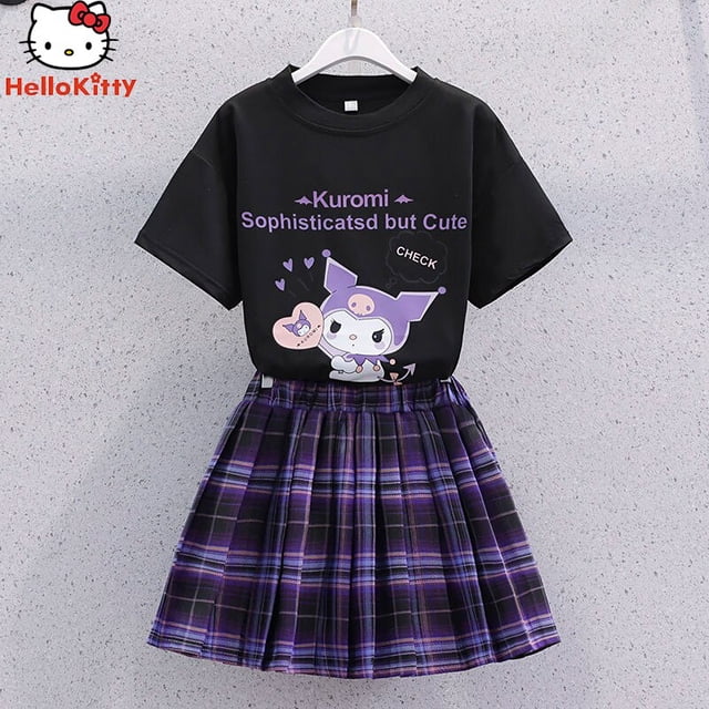 Kuromi-Falda plisada de manga corta Y2K Sanrios, traje bonito de Anime Kawaii para estudiantes, holgado, informal, suave, cómodo, femenino gym unisex