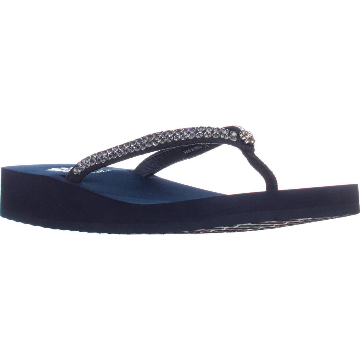 Womens Yellow Box Jello Low Heel Wedge Flip Flops, Navy