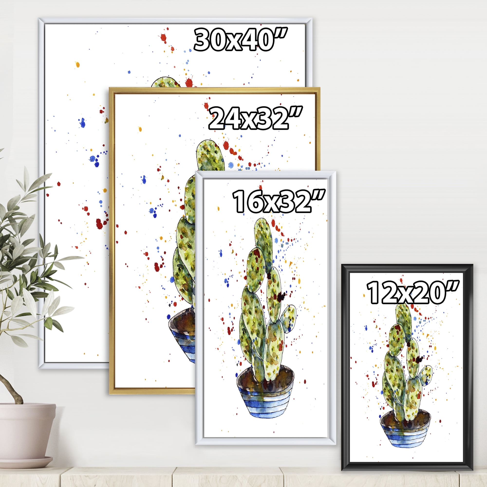 Designart 'Abstract Cactus Houseplant' Traditional Framed Canvas Wall Art Print