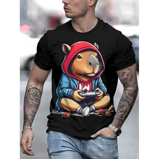 Digital Print 3D T-Shirt Men's Funny Gaming Capybara 3D Print T-Shirt, Casual Crew Neck Short Sleeve Tee, Summer Soft Comfortable Knit Fabric Top, 100% Cotton, Regular Fit