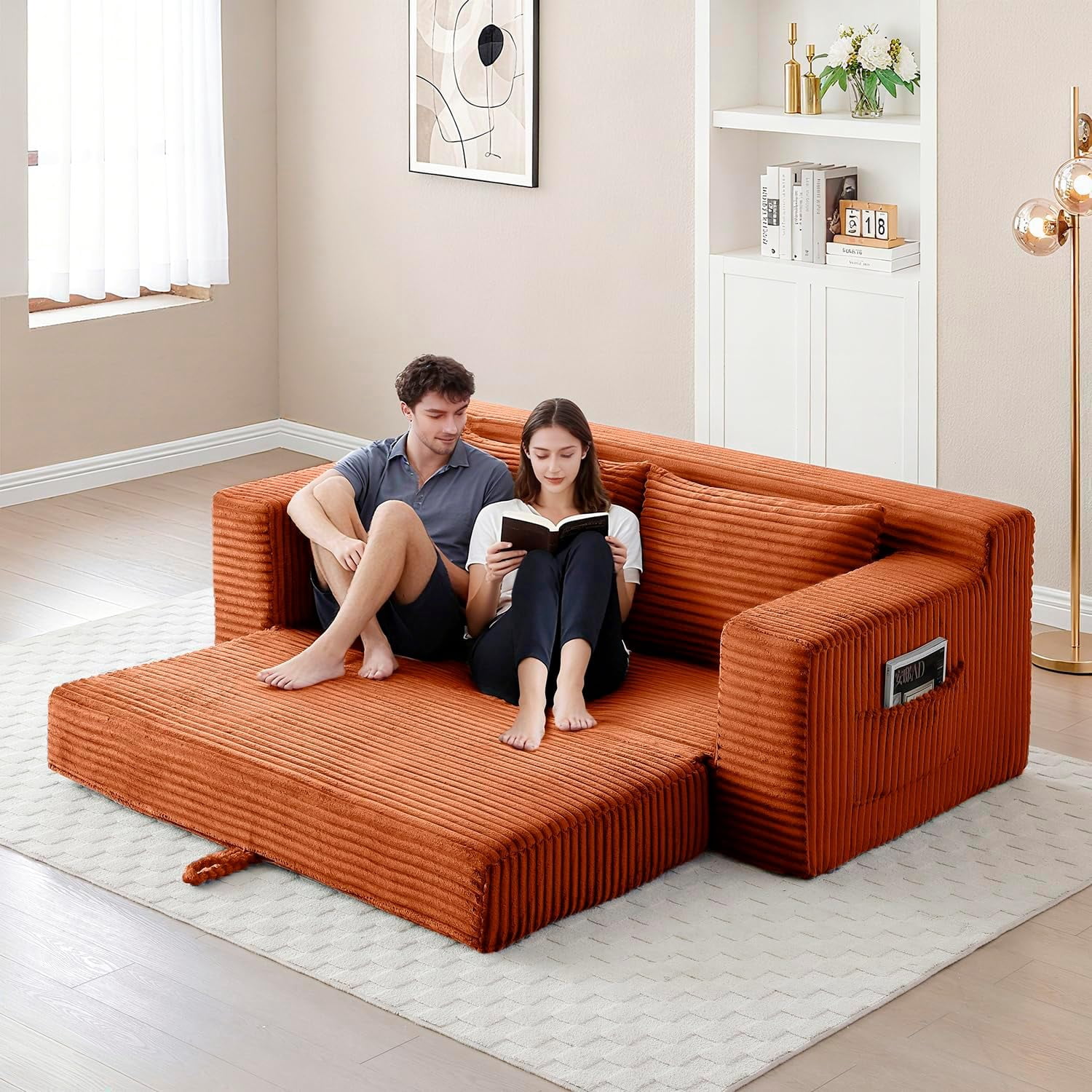 73" 2-in-1 Convertible Sofa Bed, Memory Foam Corduroy Loveseat, No Assembly, Orange