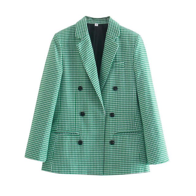 Puntoco Damas Vintage Doble Botonadura Manga Larga A Cuadros Mujer Hombro Acolchado Traje Blazer Rollbacks Puntoco Puntoco-3124