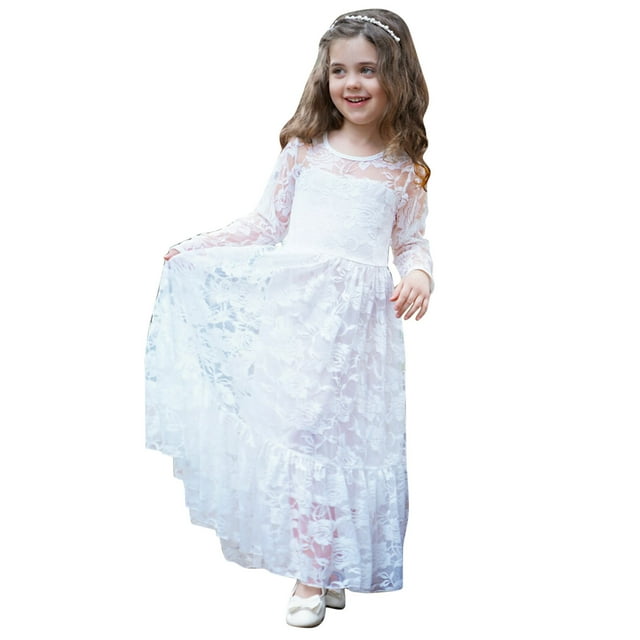 MIASHUI Robes de Fête en Tulle Maxi Droite Élégante pour Fillettes, Blanc, 3-4 Ans