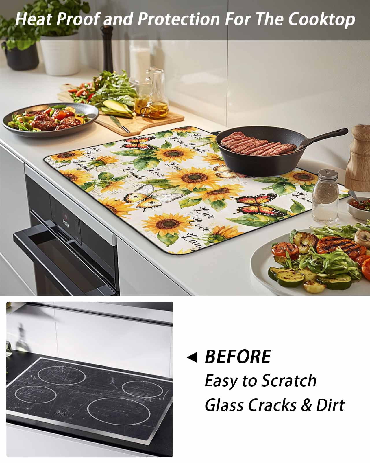 Stove Top Covers for Electric Stove, Sunflower Glass Stovetop Cover Protector, Summer Botanical Vintage Spring Floral Butterfly Induction Cooktop Protector Oven Mat for Kitchen Countertop 24"x21"
