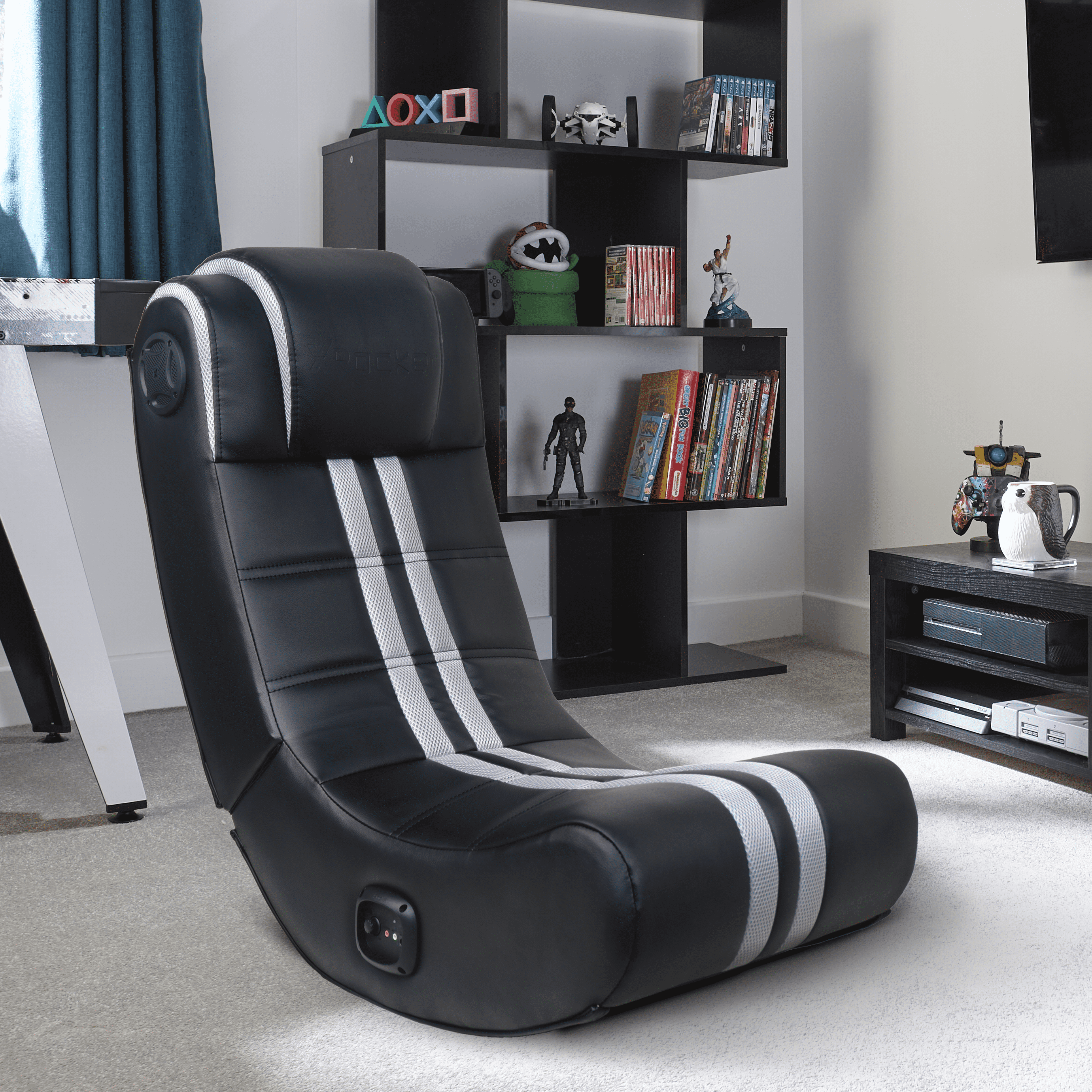 Gaming Chair Curved Seat Floor Rocker Recliner Folding Speakers Xbox Black  Gray