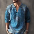 thumbnail image 4 of Bohemian Retro Floral Shirts for Men, Split V Neck Three Quarter Sleeve Printed Tops, Soft Loose Fabric for Travel Camping and Street Style Outfits Blue L, 4 of 5
