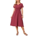 thumbnail image 2 of INSPIRE CHIC Women's Sundress Tie V Neck Smocked High Waist A-line Casual Midi Dress Wine Red S, 2 of 5