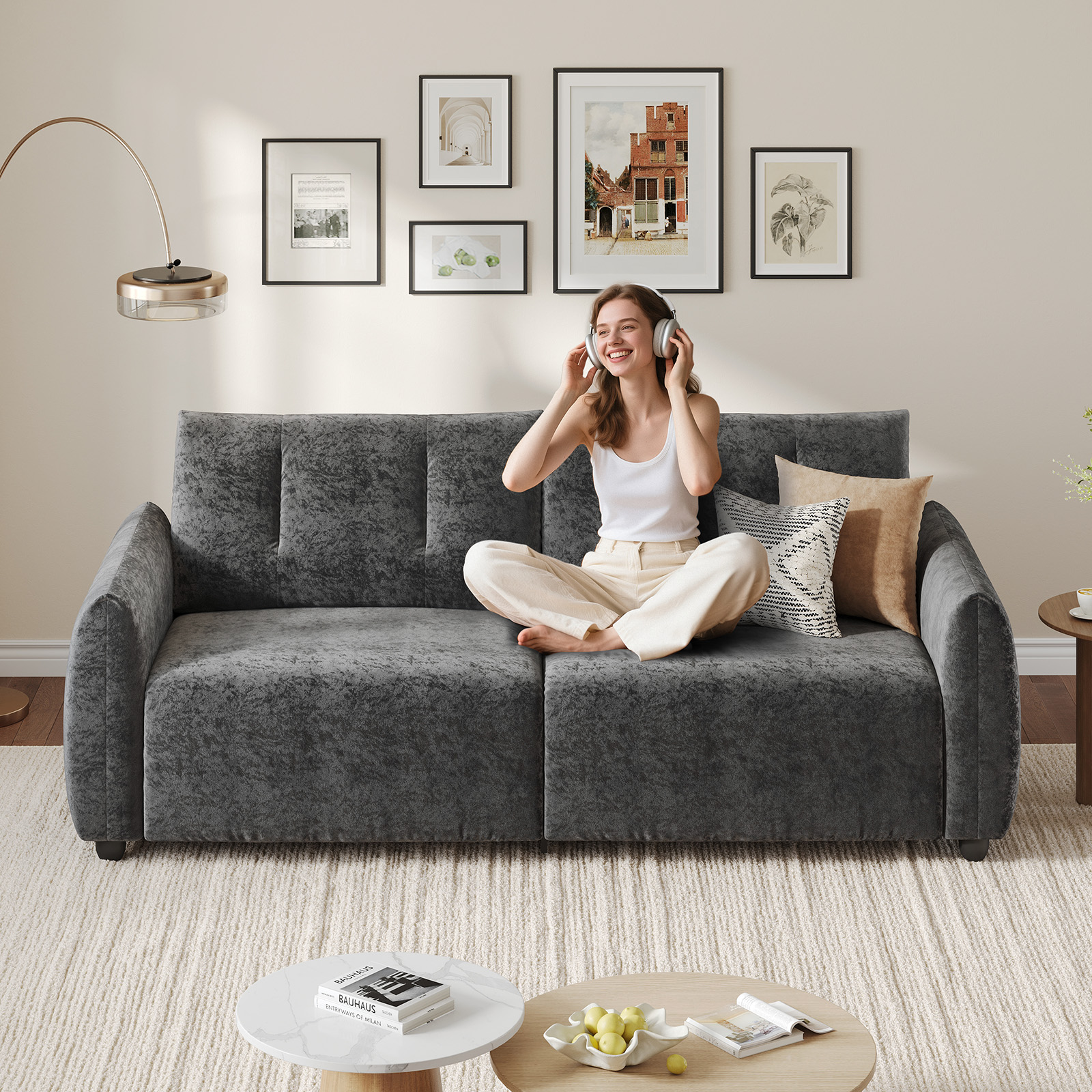 COPIAE 84.5 Inch Loveseat Sofa, Modern Couch and Sofa, Feather-tip armrest design, Sturdy and Easy Installation, Small Sofa for Living Room Bedroom Office and Apartment, Chenille Fabric,Gray
