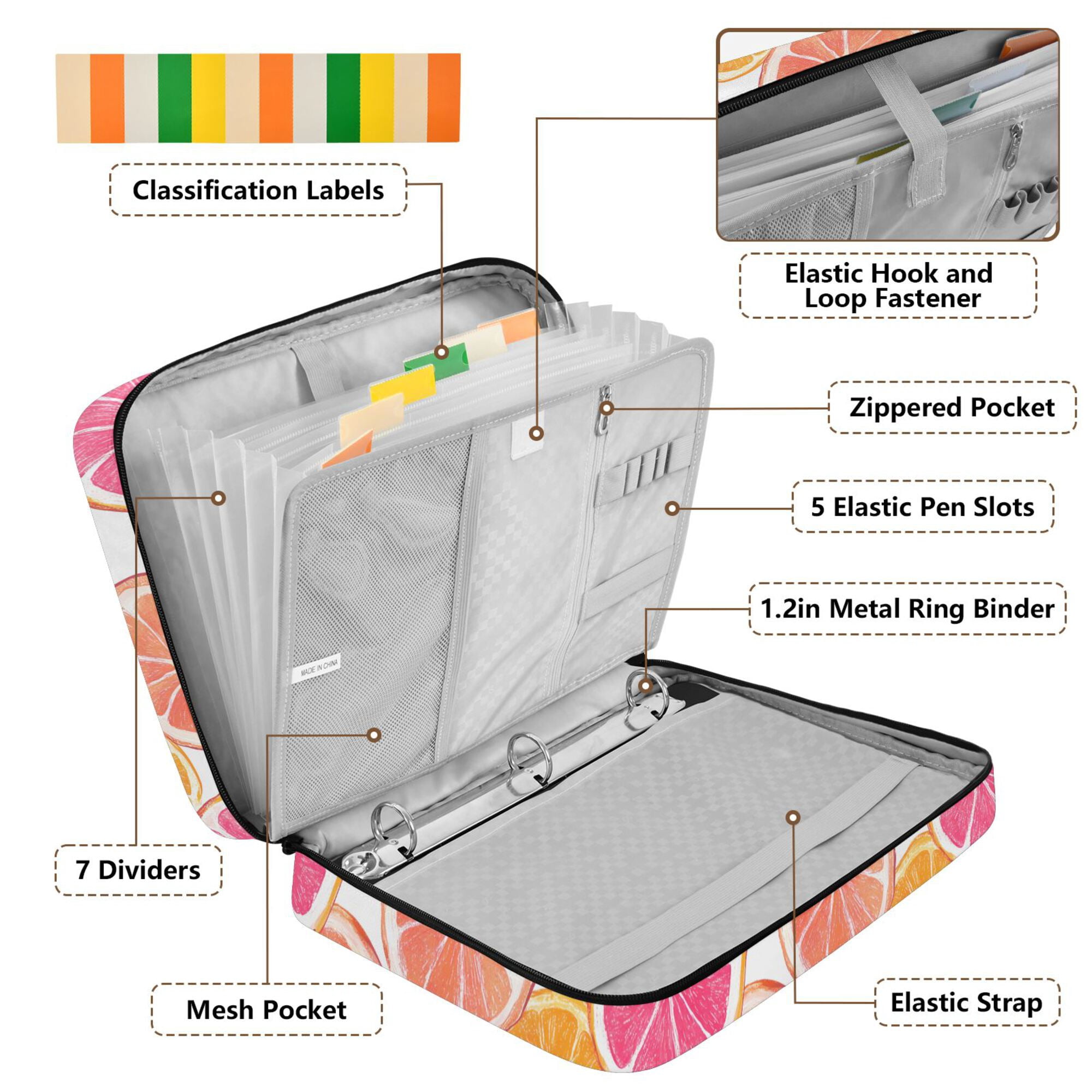 FORMRS Accordion File Folder A4 Size 7-Pocket Expanding Document Organizer Bag with 3 Ring Binder, Orange Grapefruit Slices