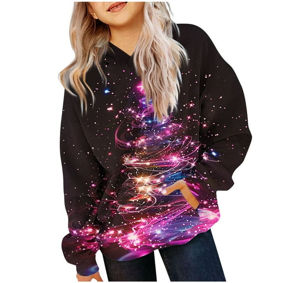 SuTry Kids Christmas Shirts Long Sleeve Hooded Tops with Pockets Funny Christmas Print Crew Neck Holiday Tops Pullover for Children 2-14 Years(Pink,4-5 Years)