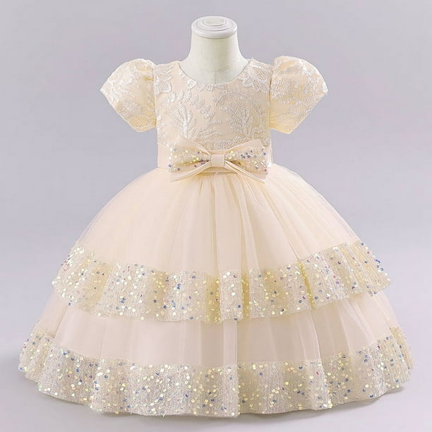 Vestido para niñas, vestido bordado con lentejuelas, lazo, manga corta, falda de princesa abullonada