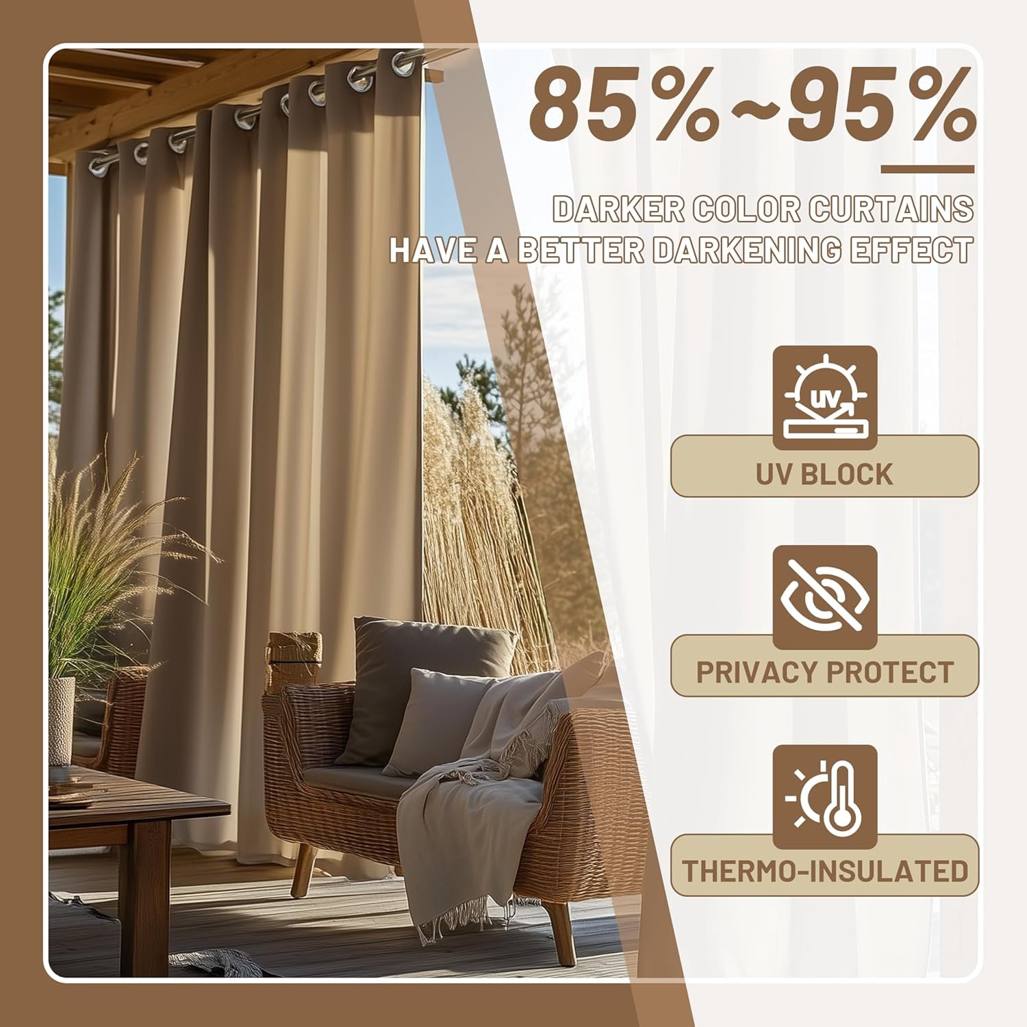 ColourTree Outdoor Curtains for Patio, Waterproof Outside Curtains Premium Weatherproof Privacy Curtains for Porch Pergola Deck Backyard, 54W x 95L inch, Brown, 2 Panels