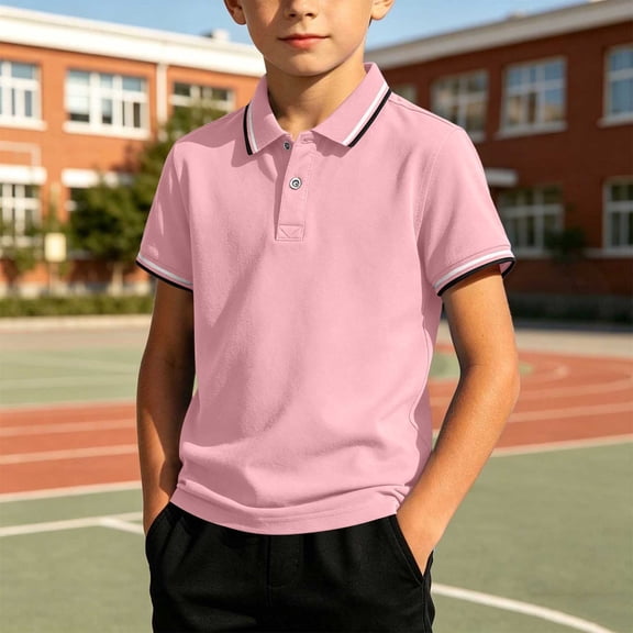 Unisex Solid Color Short Sleeve Polo Shirt with Contrast Trim, Comfortable Shirt for Boys & Girls, School & Daily Activities, 3-12 Years Pink 9-10 Years