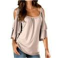 thumbnail image 2 of iHengLiXing Spring Plus Size Tops for Womens Dressy Casual Women's Summer Printing Short Sleeve Strappy Cold Shoulder T-Shirt Tops Blouses Beige M, 2 of 5
