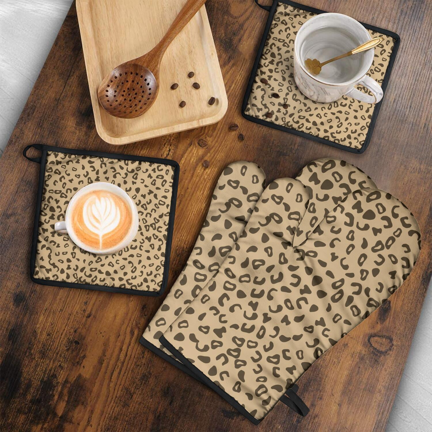 Leopard Print Oven Mitts and Pot Holders Set Of 4, Heat Resistant Kitchen Gloves with Non-Slip Grip, Hanging Loop, Soft Cotton Lining for Baking, Cooking, Grilling, Barbecue