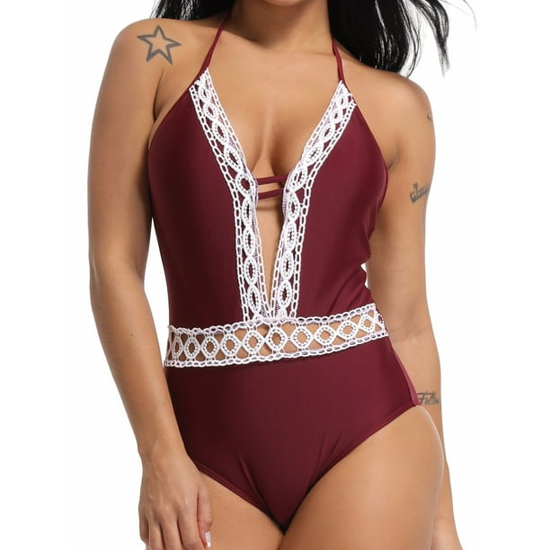 Cross1946 Women Swimwear Fashion Lace Crochet Deep V Neck Padded One Piece Monokini One Pack Red Walmart Com