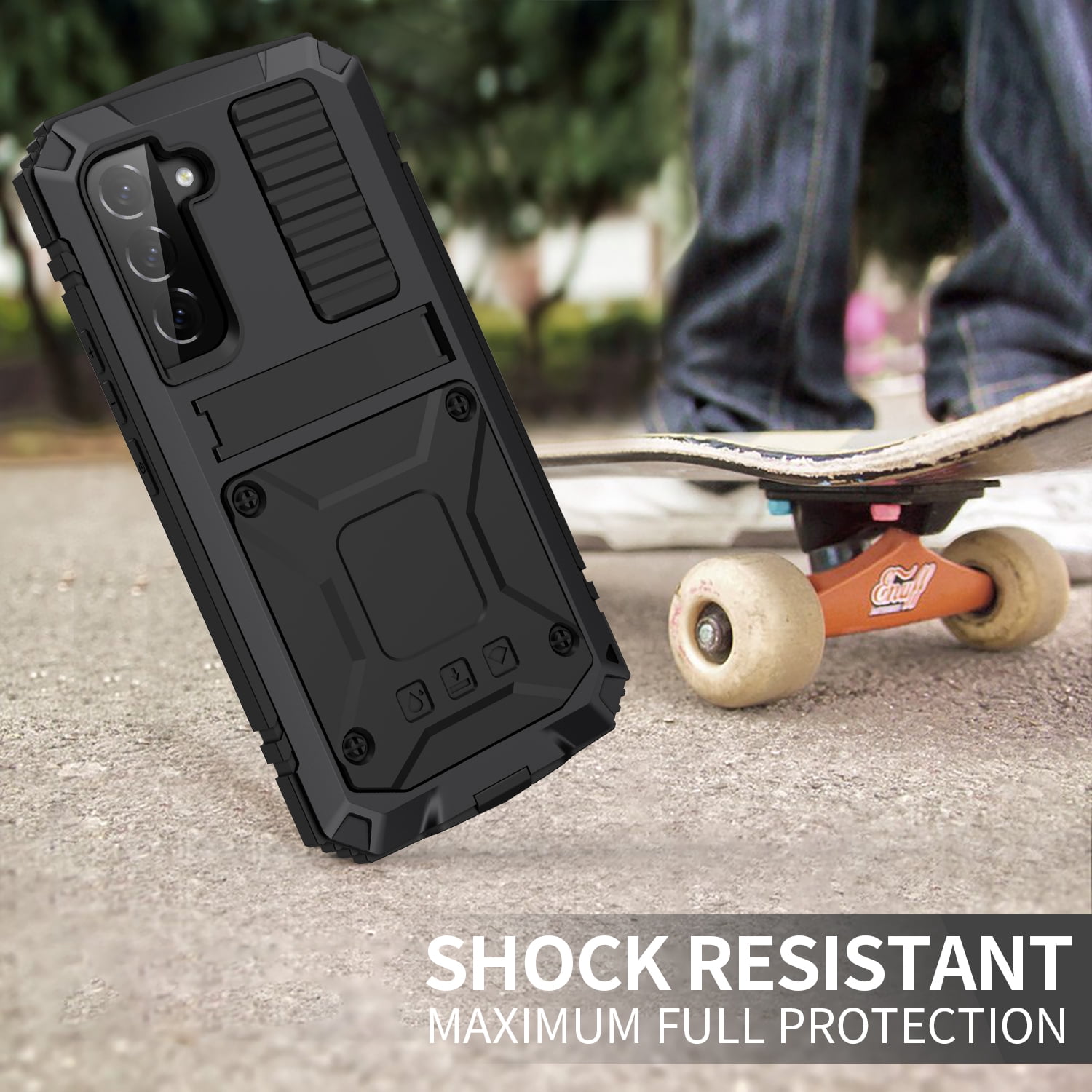Samsung S21 FE Rugged Full-Body Case, Metal Bumper Built-in Screen Protector&Kickstand,Dustproof Drop-Proof,Full Body Protection Heavy Duty Rugged Military Cover For Samsung Galaxy S21 FE, Black