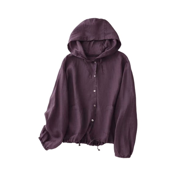Sewkxo Cotton Linen Hoodie Women Sun Protection Clothing Lightweight Long Sleeve Button Down Shirts Beach Coverups,Purple M