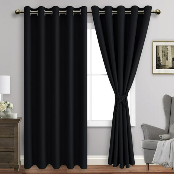 JIUZHEN Black Blackout Curtains for Bedroom with Tiebacks - Thermal Insulated Light Blocking Grommet Window Curtains for Living Room, 60 x 84 inch Length, Set of 2 Panels