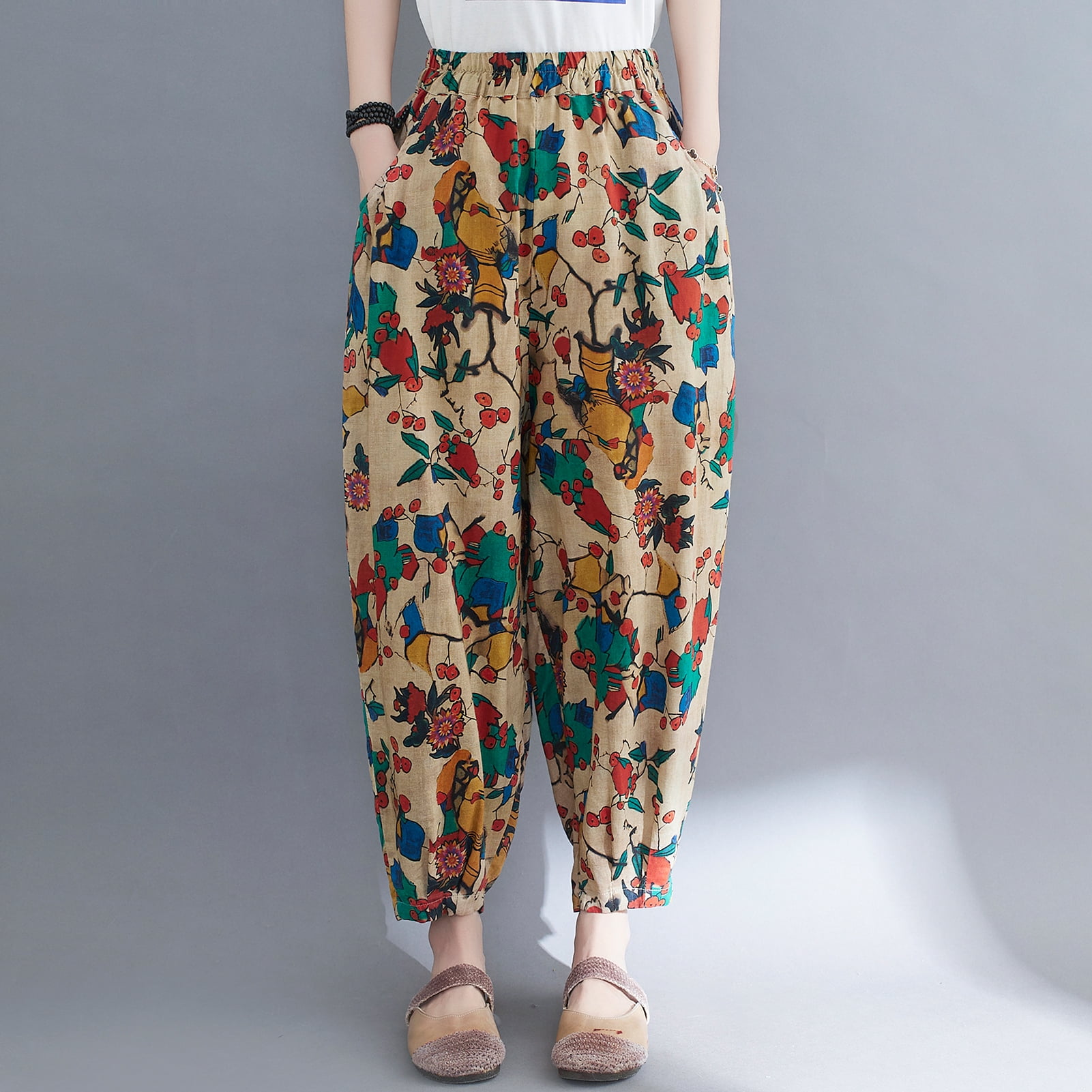 Women Vintage Harem Pants Floral Bird 
