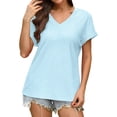 thumbnail image 2 of Asxite Womens Fashion V Neck Solid Lace Loose Comfortable Breathable T Shirt Top Sky Blue XL, 2 of 4