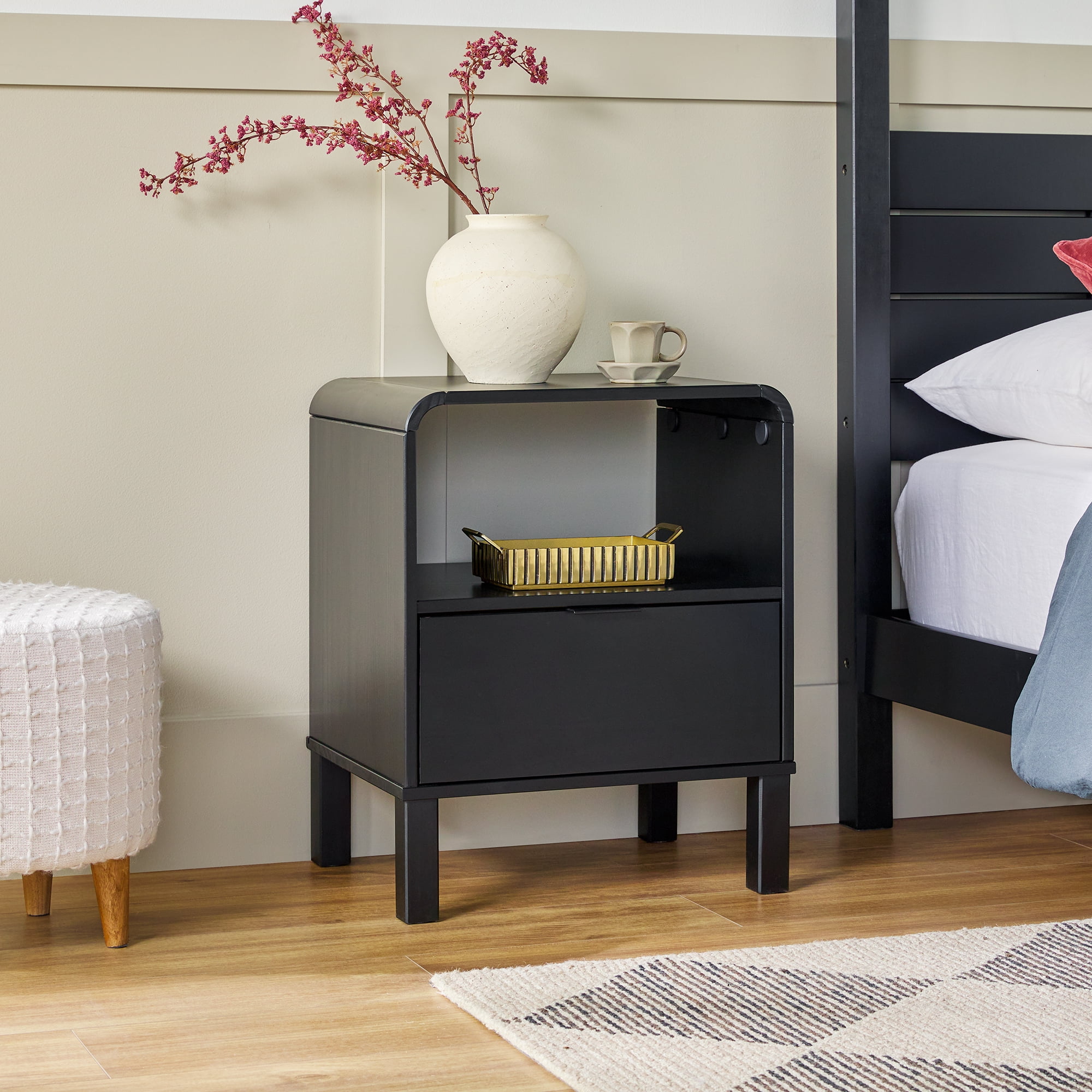 Walker Edison Modern Curved-Frame Solid Wood Nightstand, 2 Pack, Black