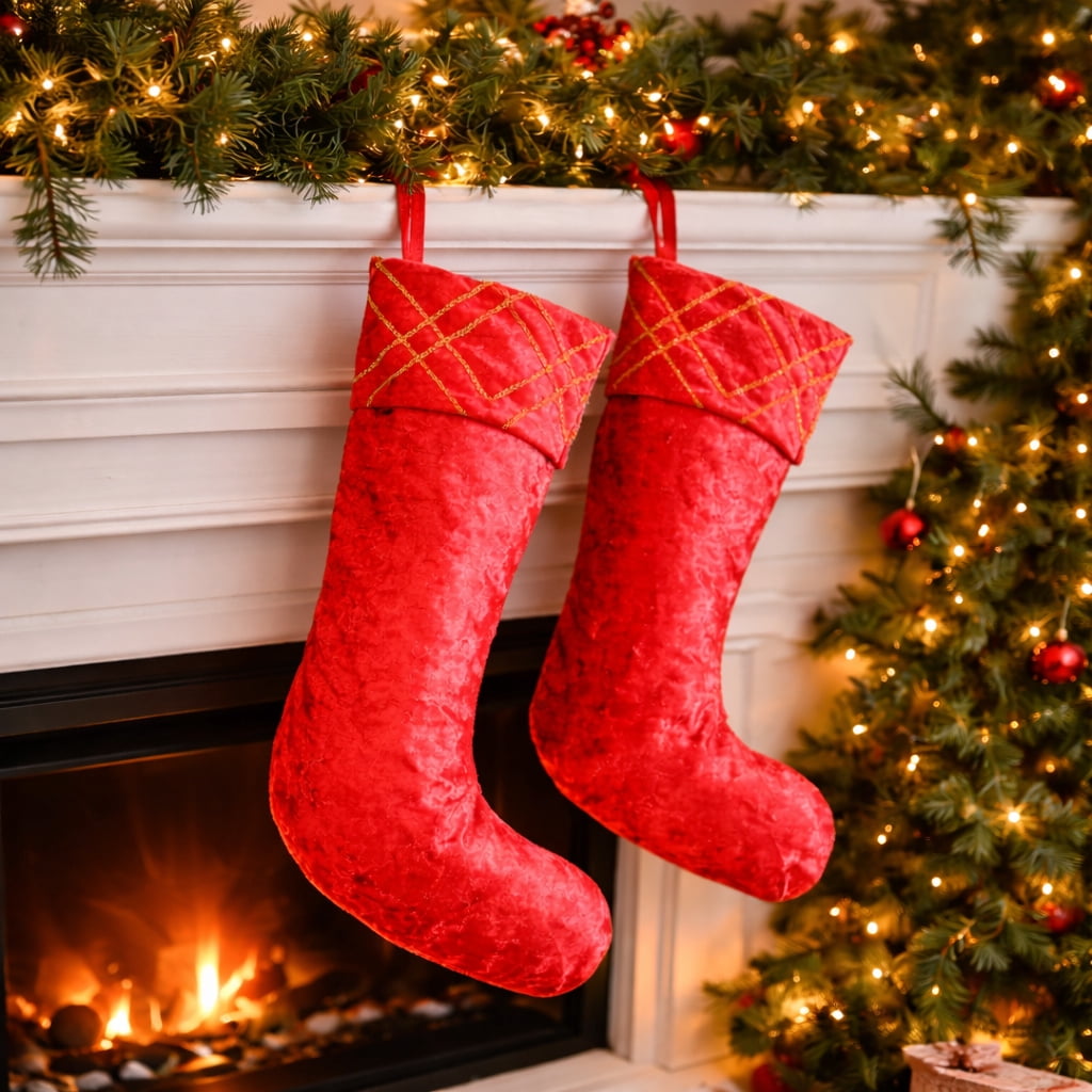 20 in. Red Velvet Christmas Sequin Embroidered Stocking with Stitched Accents
