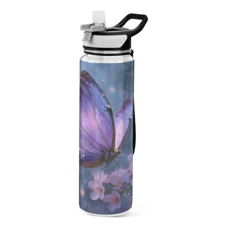 Qxltty Sakura Purple Butterfly Water Bottle 32 oz with Straw BPA Free Reusable Fitness Sport Bottle Perfect for Travel School Outdoors and Gym