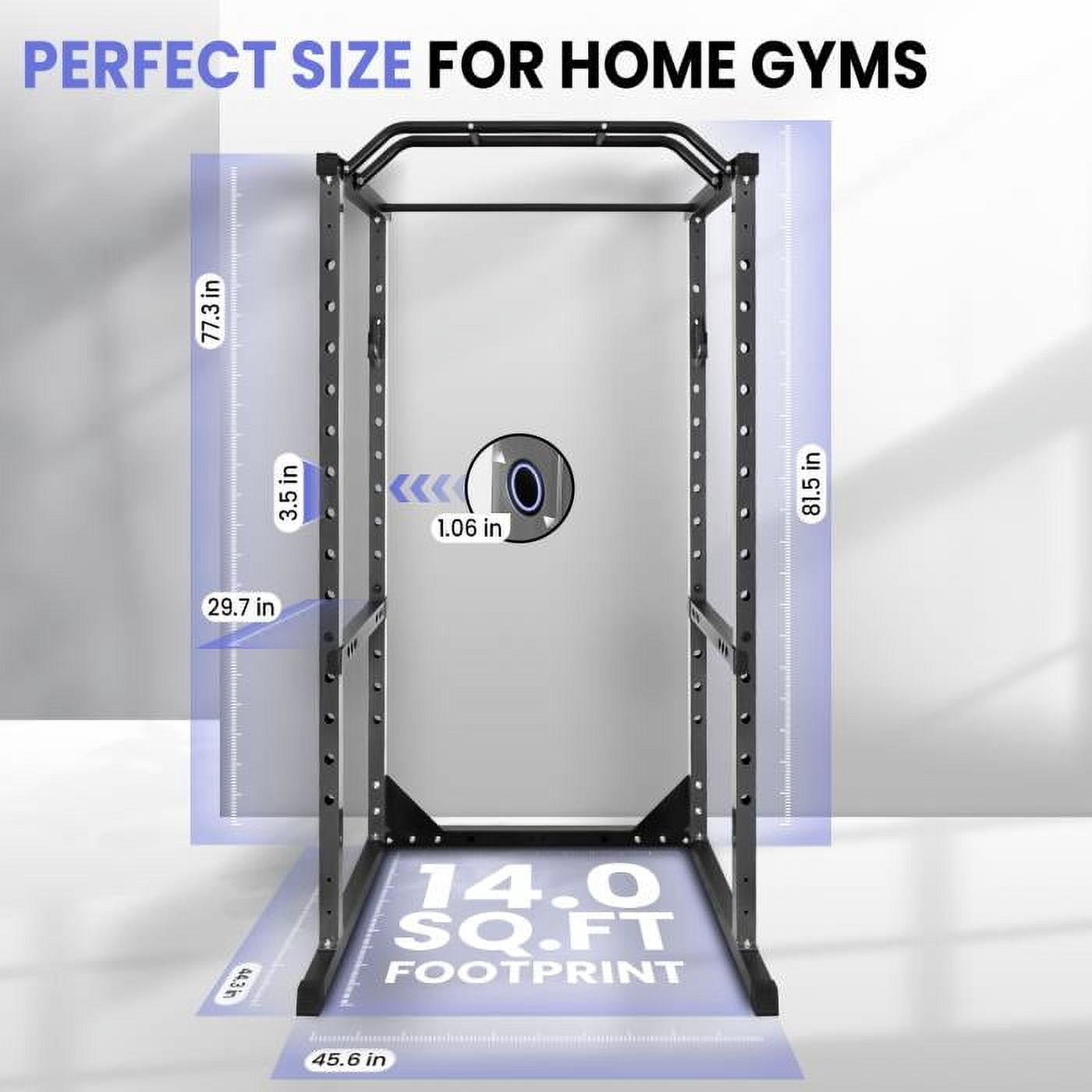 Adjustable Power Cage, 1200 LBS Capacity Black Multi-Functional Squat Rack with 14 Holes, Anti-Slip Base and Training Attachments for Home Fitness Training