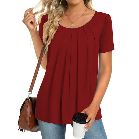 Fantaslook Dressy Blouses for Women Pleated Short Sleeve Tunic Tops Casual Floral Shirts