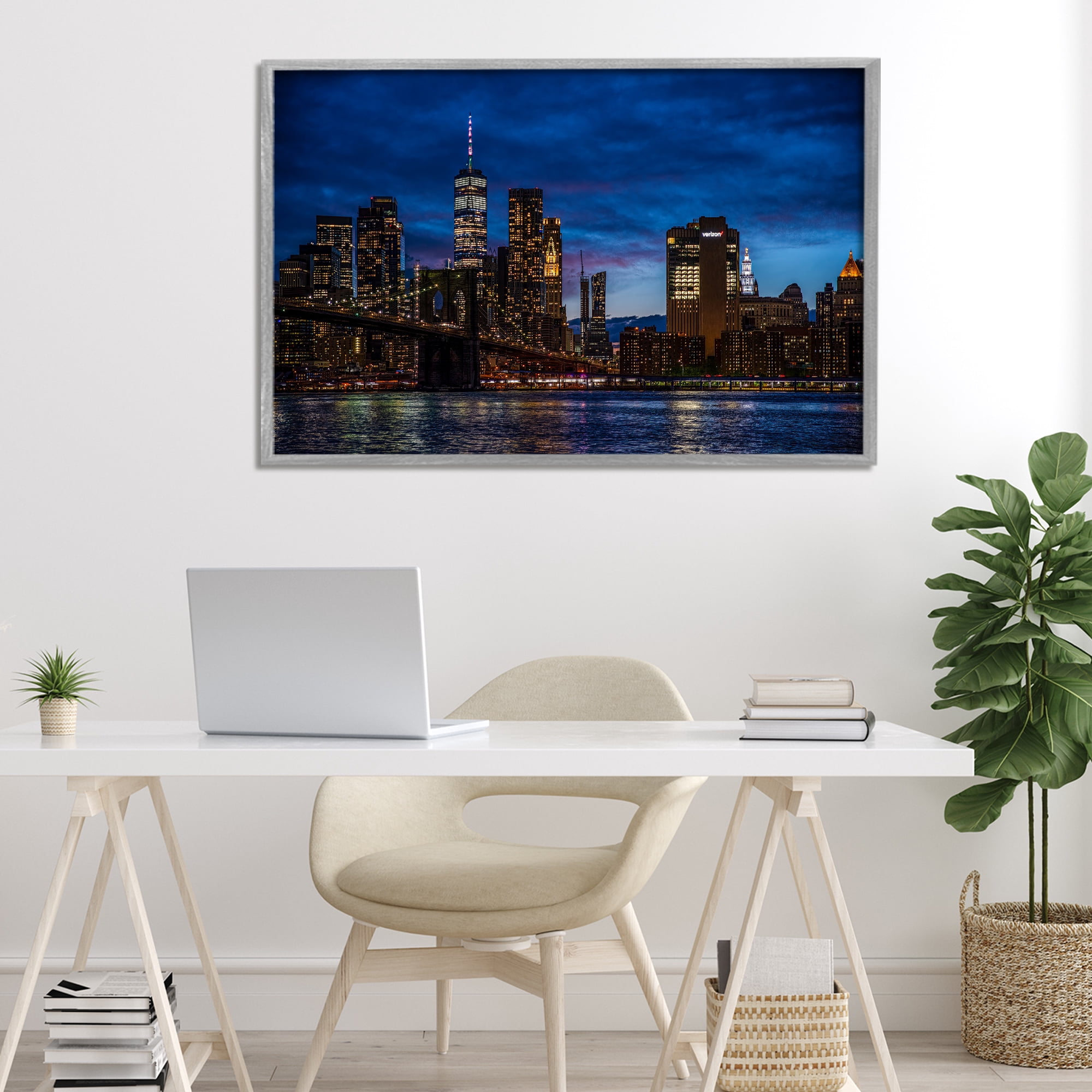 Stupell Industries Brooklyn Bridge at Night Gray Framed Giclee Art, design by Tim West