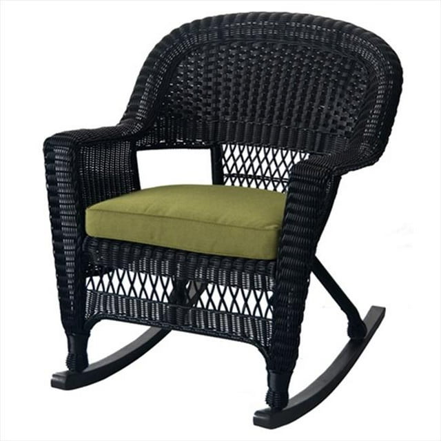 Jeco W00207R-D-2-FS029 Black Rocker Wicker Chair With Green Cushion - Set 2