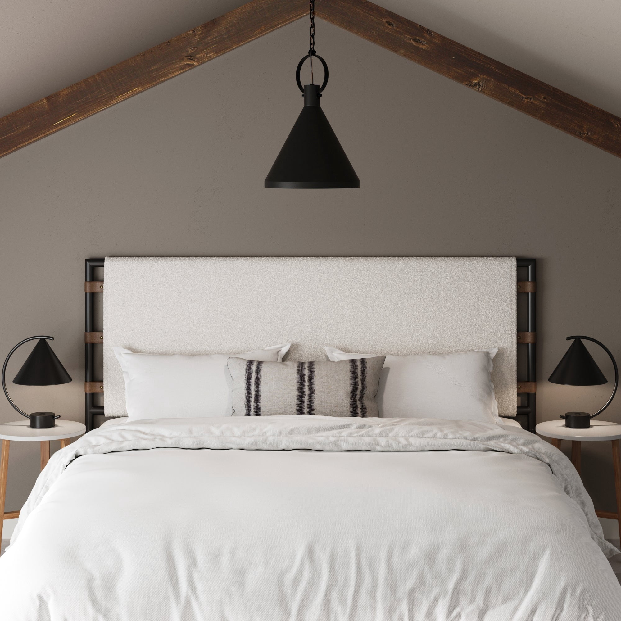Nathan James Aspen King Bed Headboard, Boucle Upholstered Headboard with Leather Straps and Black Matte Metal Frame, White/Black