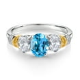 thumbnail image 2 of Gem Stone King 925 Sterling Silver and 10K Yellow Gold Oval Swiss Blue Topaz White Topaz and White Diamond 3 Stone Ring for Women (2.73 Cttw, Gemstone November Birthstone, Size 8), 2 of 3