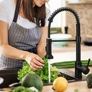 PHANCIR Kitchen Faucet with Pull Down Sprayer, Commercial Spring Kitchen Sink Single Handle Pull Out Sink Faucets with Deck Plate Suit to 1 or 3 Holes Matte Black