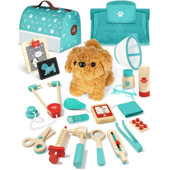 Pets Doctor Kit Toy, 21Pcs Pretend Play Pet Doctor Set for Toddlers, Realistic Wooden Medical Kit Role Play Set, Gifts for Boys Girls 3 Years