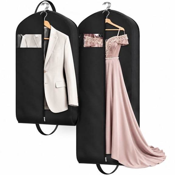 2 Pack Waterproof Garment Storage Bags, 43in & 65in Dual Size Hanging Suit & Long Gown Covers with Clear Window for Travel Closet Organizer