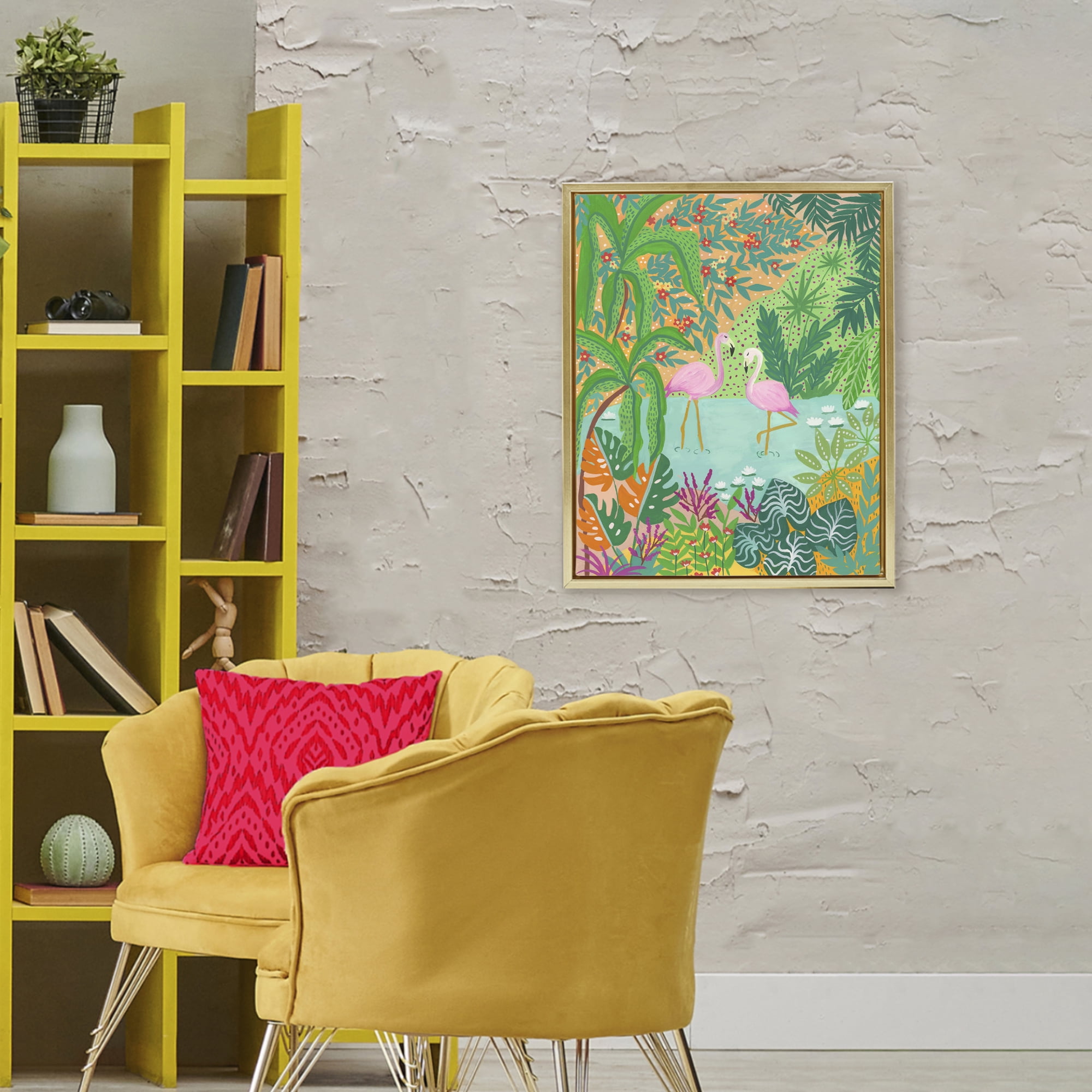 Stupell Industries Flamingos in Dotted Pond Gold Framed Floater Canvas Wall Art, design by Nabeela Rumi