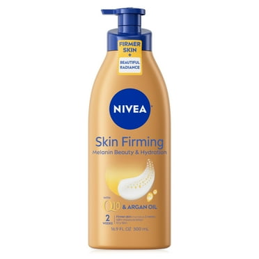NIVEA Melanin Beauty & Hydration Skin Firming Body Lotion for Dry Skin, Q10, Argan Oil, 16.9 fl oz