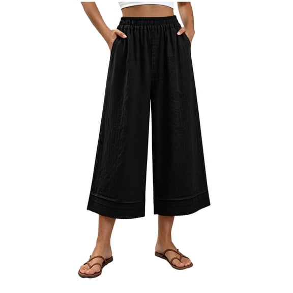 Lmueinov Women's 100% Cotton Elastic Waist Wide Leg Capri Pants, Lace Trim Hem Casual Cropped Trousers with Pockets S-XL