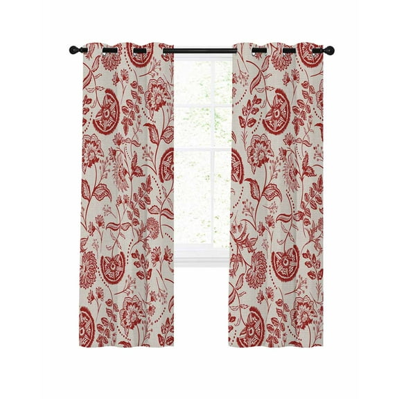 Farmhouse Red Floral Blackout Curtains for Bedroom Living Room, Linen Boho Flower Rustic Country 84 In Long Thermal Insulated Room Darkening Drapes Grommet Window Treatments, 52 x 84 In