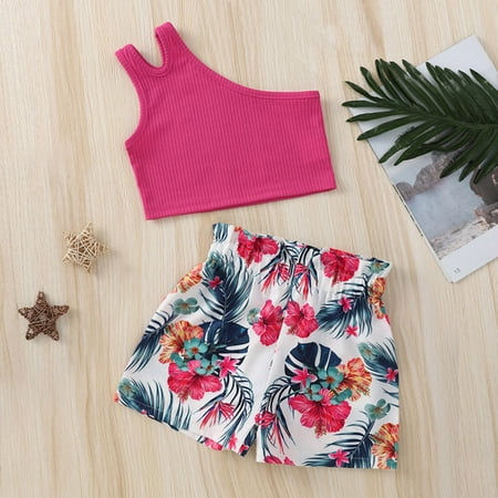 

Wiueurtly Kids Toddler Baby Girls Sleeveless Ribbed Vest Tops Flower Print Shorts Pants 2PCS Set Baby Girl Bundle Clothes