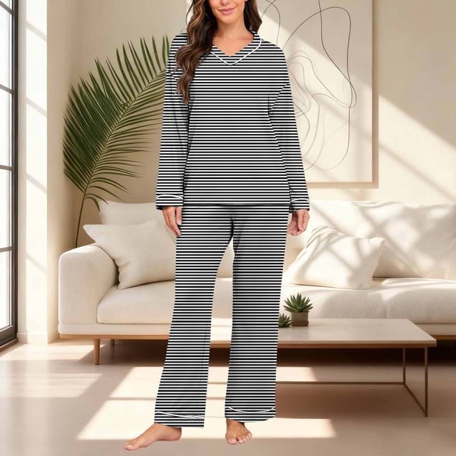 Cameland Ensemble de Pyjama Décontracté à Rayures pour Femmes, Col en V, Manches Longues