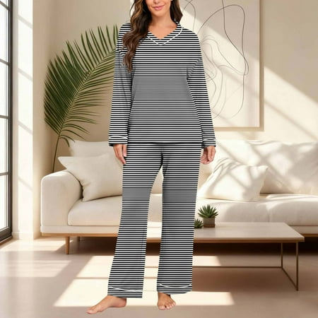 BRGZLK Women Loungewear Loose Stripe Print V Neck Long Sleeve Long Pants Pajamas Set Fashion Casual Top Pants Set Dark Gray L