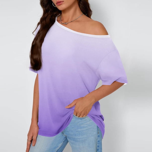 TaTaai Off Shoulder Loose Short Sleeved Home Top, Women Slanted Neck Printed Style, Regular Length, Spring Summer Daily Leisure Clothing Gift
