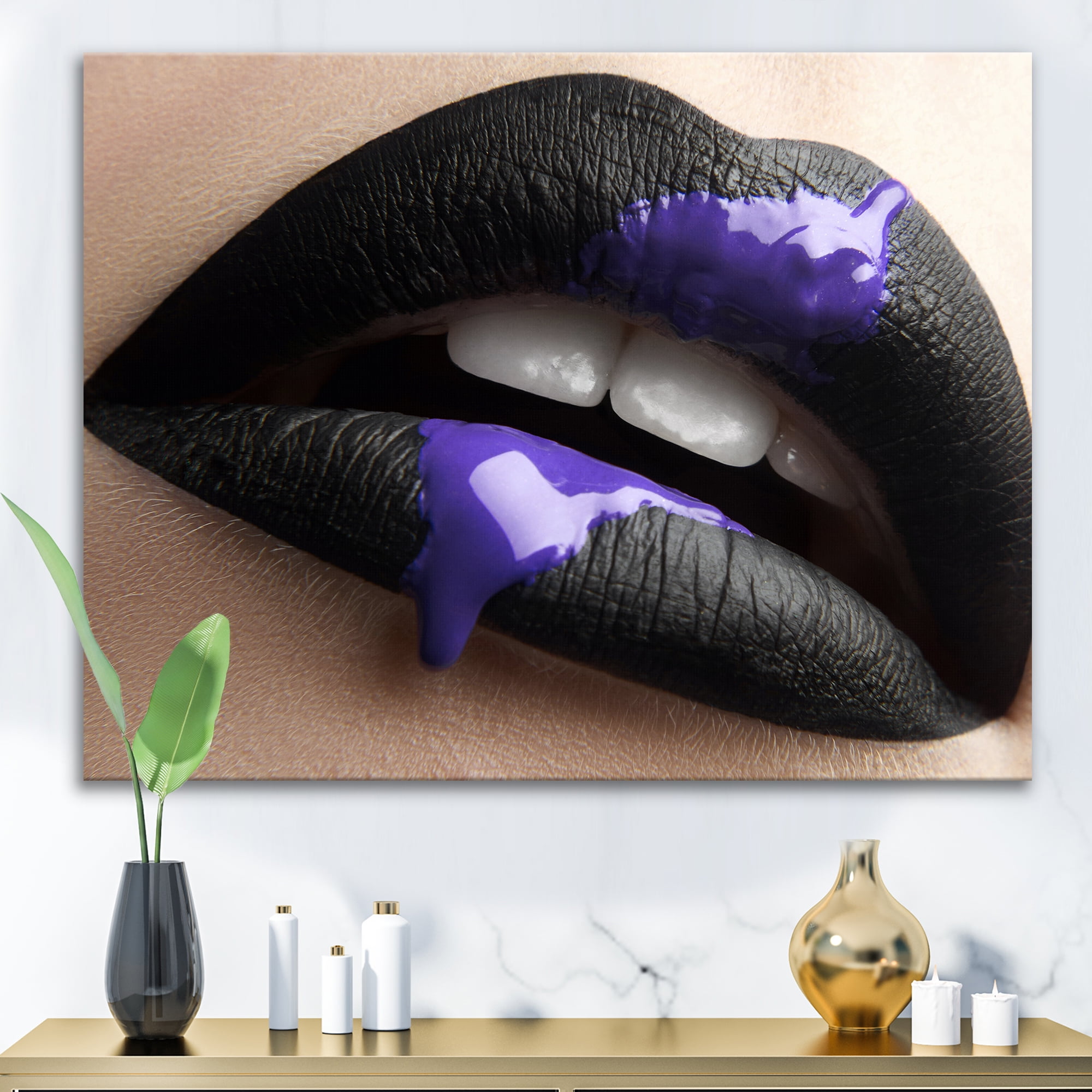 Woman Lips With Black Lipstick & Purple Paint 12 in x 8 in Photography Canvas Art Print, by Designart