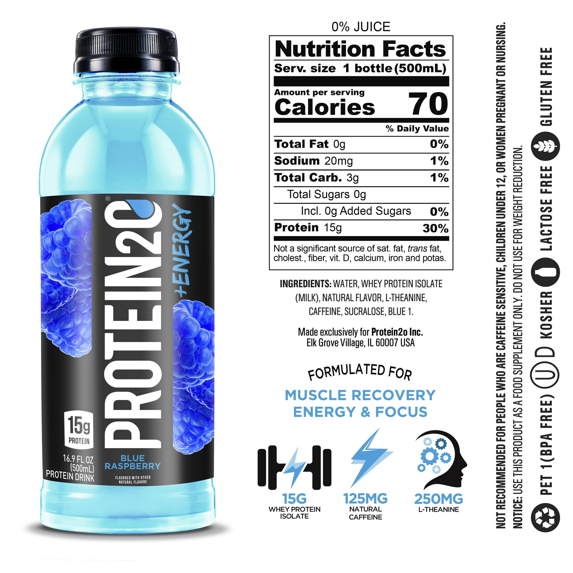 Protein2o 15g Whey Protein Infused Water Plus Energy, Blue Raspberry, 16.9 fl oz Bottle (Pack of 12)